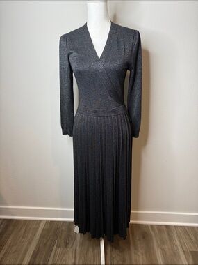 kate spade Metallic Charcoal Long Sleeve Pleated Midi Dress Wedding Holiday Med